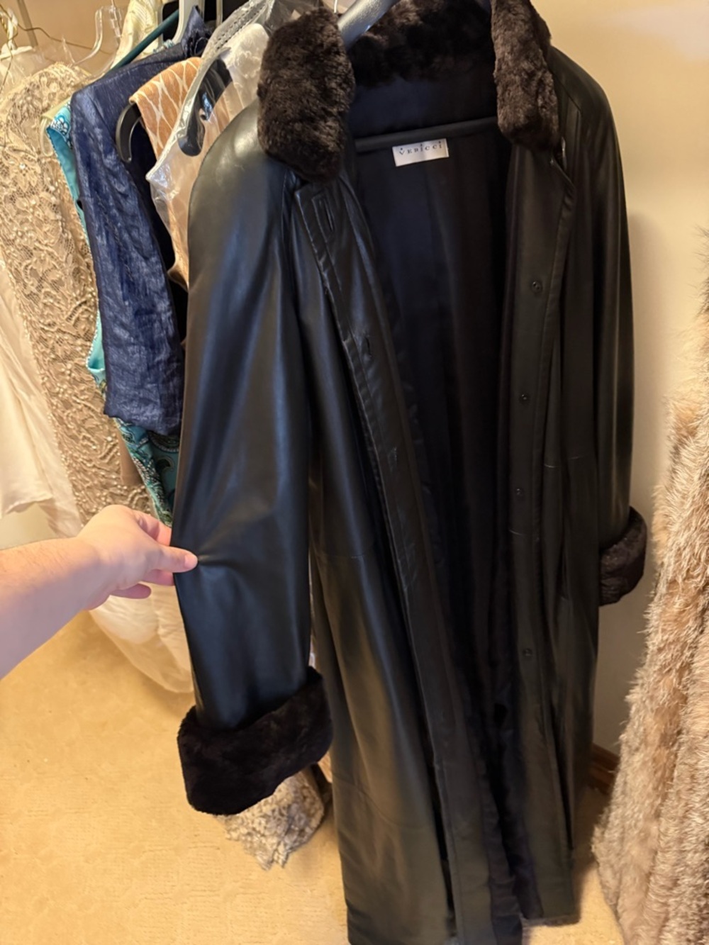 Long Black Real Leather Coat with Fur Trim
